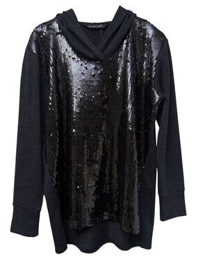 Colleen Lopez Sequin Hoodie Sweater Womens Medium Black Knit NWOT HSN
